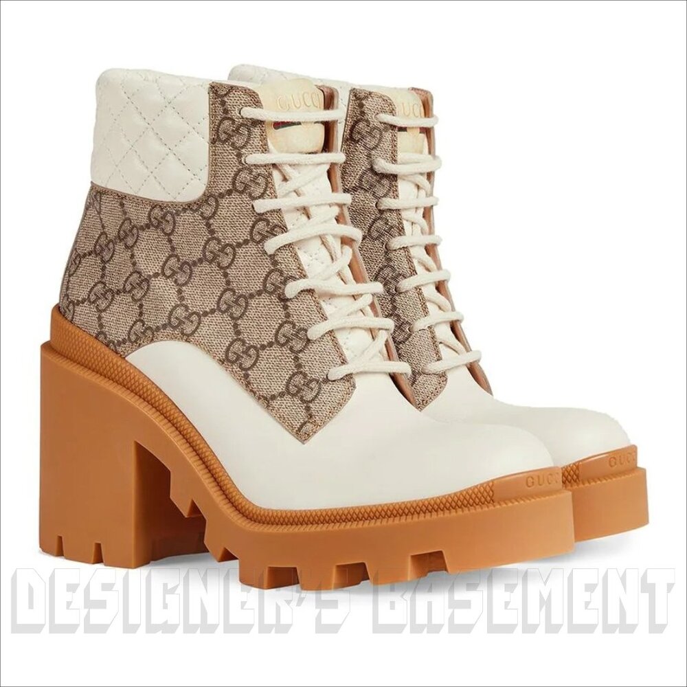 GUCCI 40 beige GG canvas quilted Leather TRIP logo platform Combat ankle Booties - Picture 4 of 14